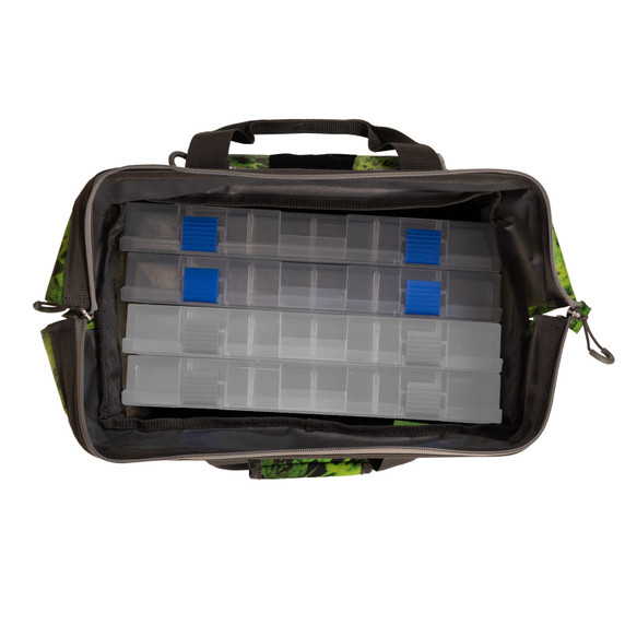Inside with trays image of the FishTacker Superday Tackle Bag in Amped.