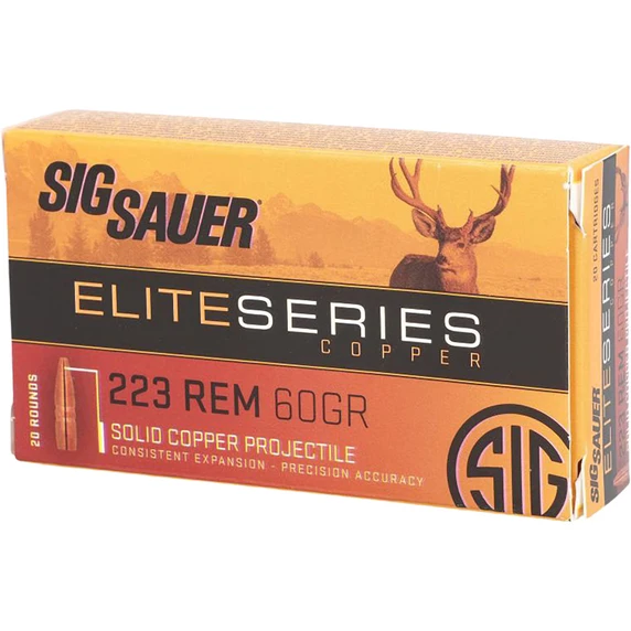 Image of the Sig Sauer 223 Remington 60 Grain Elite Series HT Solid Copper Hollow Point box.