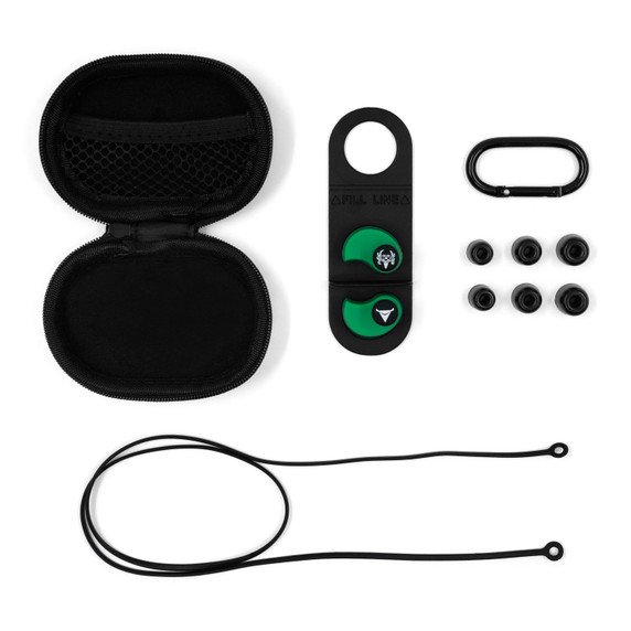 All accessories image of the Decibullz & Bone Collector Edition 31dB NRR Custom Molded Earplugs.