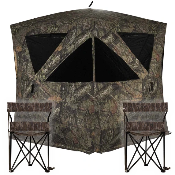 Image of the Rhino 500 Hunting Blind in Mossy Oak Break-Up Country with 2 Rogers Sporting Goods Workin' Man Wide Tripod Hunting Chairs