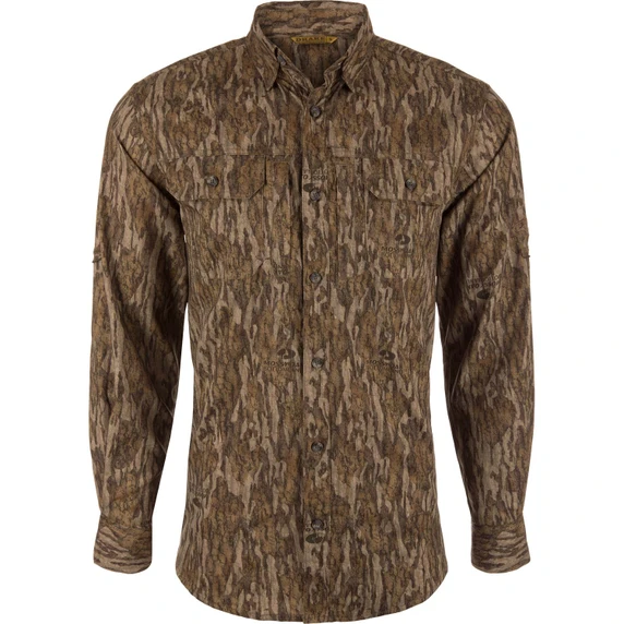 Image of the Drake EST Wingshooter Trey Long Sleeve Shirt in Mossy Oak Bottomland