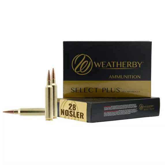 Box Image of the Weatherby 28 Nosler 150 Grain 3200FPS Select Plus Swift Scirocco Rifle Ammunition.