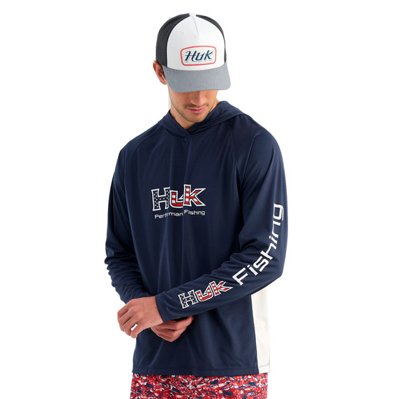 Front Image of the Huk Performance Fishing Pursuit America 250 Performance Hoodie.