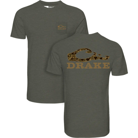 Image of the Drake Stacked Logo Old School T-Shirt in Deep Depths Dark Heather