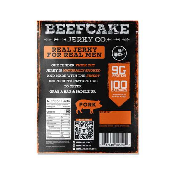 Back image of the Beefcake Jerky Co. Pork Honey BBQ Jerky - 2.7 oz.