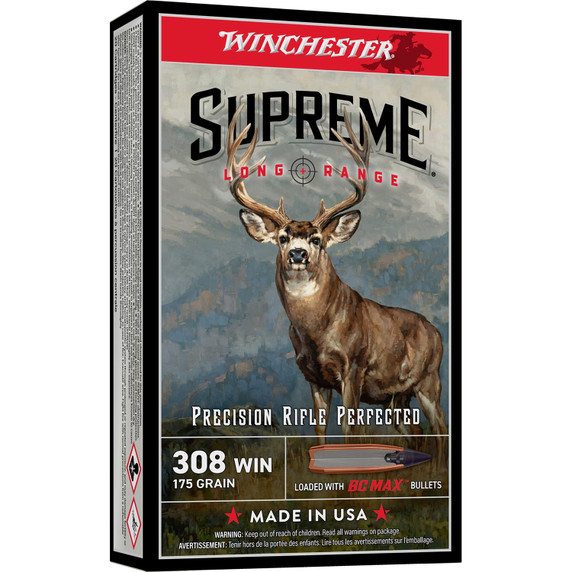 Box image of the Winchester 308 Winchester 175 Grain BC Max Supreme Long Range Rifle Ammunition