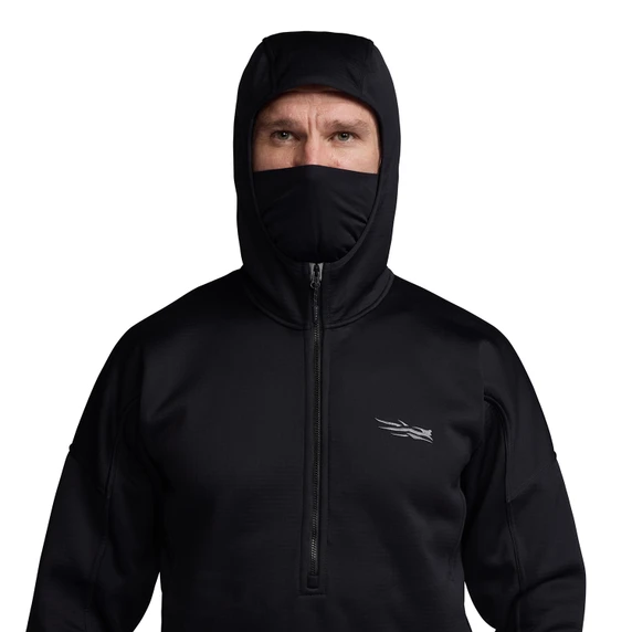Model Image with Hood and Face Mask Up on the Sitka Solace Hoodie.