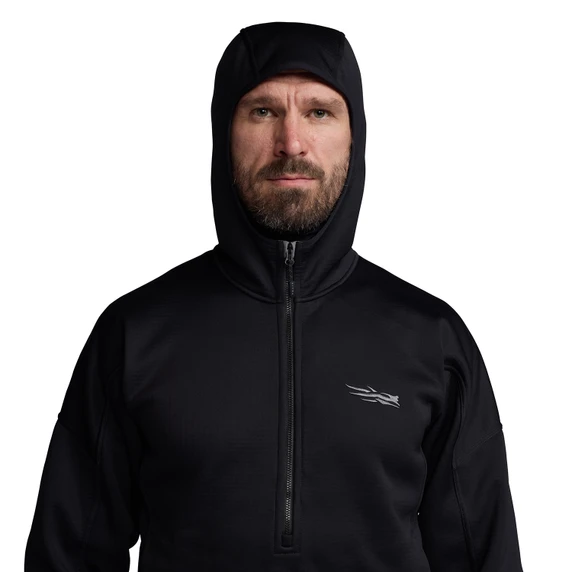 Model Image with Hood Up on the Sitka Solace Hoodie.