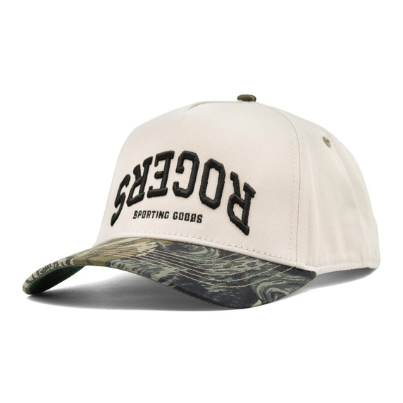 Image of the Rogers Upside Down Logo Hat in Mossy Oak Treestand.