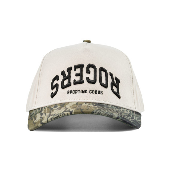 Front image of the Rogers Upside Down Logo Hat in Mossy Oak Treestand.