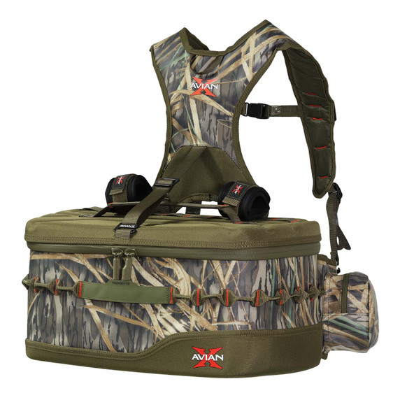 Left Side Angled Image of the Avian-X Floating Lumbar Blind Bag in Mossy Oak Shadow Grass