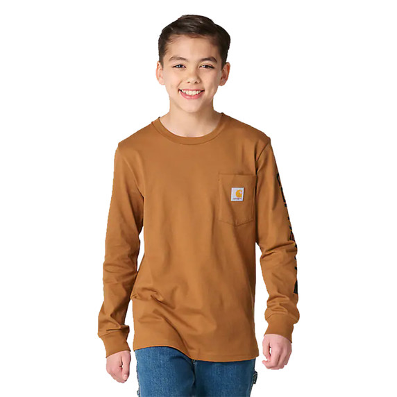 Front Image of the Carhartt Youth Long-Sleeve Pocket Logo T-Shirt.
