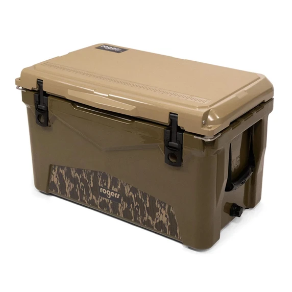 Angled Image of the Rogers Workin' Man 45-Quart Cooler - Mossy Oak Edition.