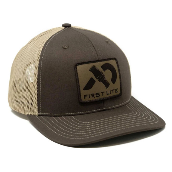 Image of the First Lite Duck Call Patch Trucker Hat in Brown