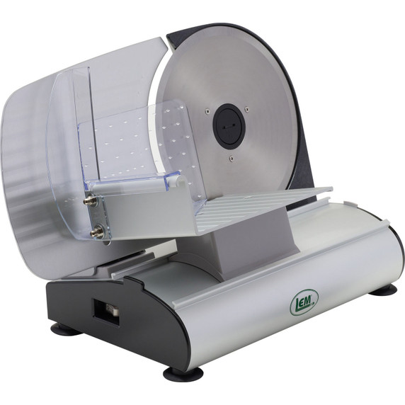 Tilted image of the LEM Mighty Bite 8.5" Belt Driven Meat Slicer.