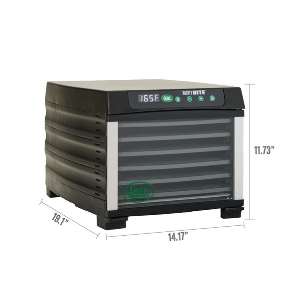 Size chart image of the LEM MightyBite 6-Tray Plastic Dehydrator.
