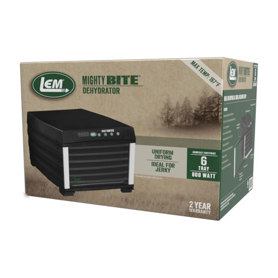 Box image of the LEM MightyBite 6-Tray Plastic Dehydrator.