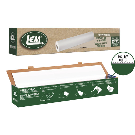 Zoomed in image of the LEM Freezer Paper 15"x150' with built in Cutter Box.