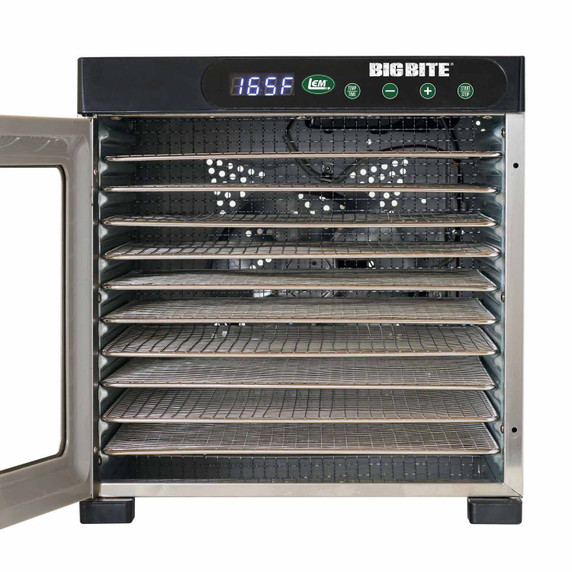Front opened image of the LEM BigBite 10-Tray Stainless Steel Dehydrator..