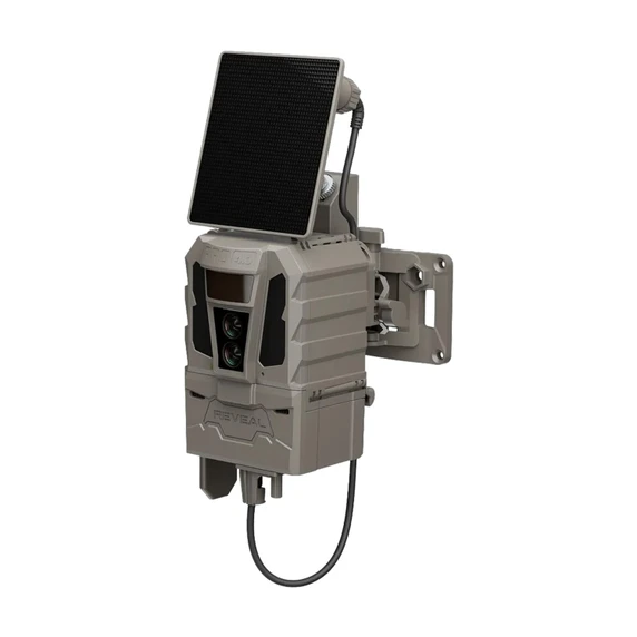 Tilted image of the Tactacam Reveal Pro 4 Solar Cellular Trail Camera.
