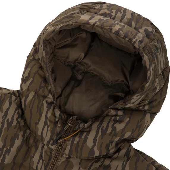 Front of Hood Image of the Drake Waterfowl BMF Down Jacket.