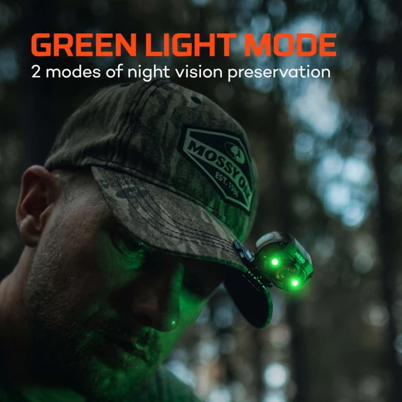 Green Light Mode Image of the Nebo Lighting Mycro 450 Headlamp.