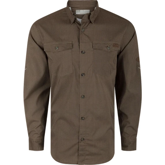 Image of the Drake Frat Gingham Check Button-Down Long Sleeve Shirt in Chocolate Chip Tonal.
