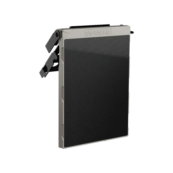 Tilted image of the Tactacam Reveal Solar Panel R5 with Built-In Battery.