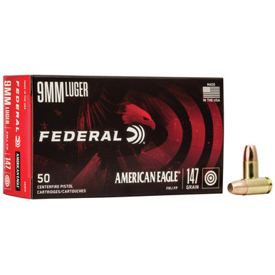 9mm Luger 147 Grain Full Metal Jacket Flat Point American Eagle, Box of 50