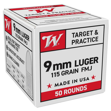 9mm Luger 115 Grain Target and Practice Pistol Ammunition, Box of 50