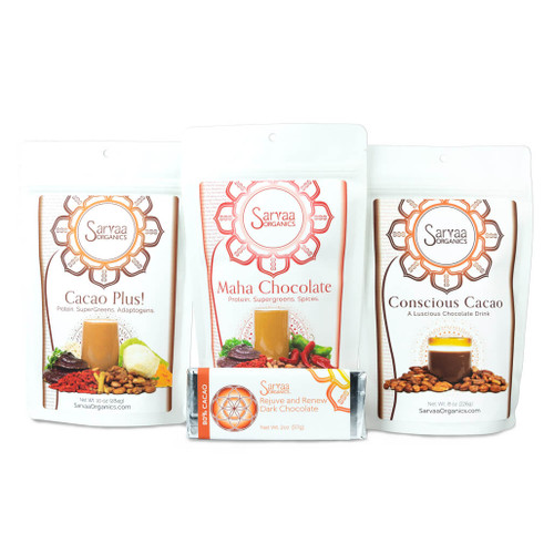 Sarvaa's CHOCOLATE ALL DAY PACKAGE - SAVE $24! Delicious, Organic Cacao Protein Powders, Conscious Cacao, and Artisan Dark Chocolate Bar!