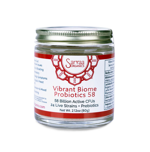 Vibrant Biome 58 Billion CFU Probiotics and Sporebiotics. 60 Servings Bulk Jar. 58 Billion Colonies per Serving. Leaky gut, allergies, food sensitivities, candida, gas & bloating. Improve Serotonin & mood. High Potency. Survives stomach acid, shelf stable. Does NOT require Refrigeration. Bacillus Coagulans, Lactobacillus, Bifodobacterium, and Saccharomyces Boulardii. 

Arrives Alive, Gluten-Free, Immune Boosting, Shelf Stable, Anti-Inflammatory, & Non Dairy. Repair Leaky Gut & Auto-immune issues, reduce gas & bloating, Improve Inflammation and allergy symptoms, Reduce fungal & yeast overgrowths, Improve Serotonin & mood.

B. coagulans, B. subtilis, B. clausii; Lactobacillus rhamnosus, L. casei, L. plantarum, L. bulgaricus, L. acidophilus; Bifidobacerium breve,  B. bifidum; & Saccharomyces boulardii plus Organic Artichoke Inulin, L-Glutamine, and Fructooligosaccharide. Sporebiotics, Probiotics, and Sporebiotics.