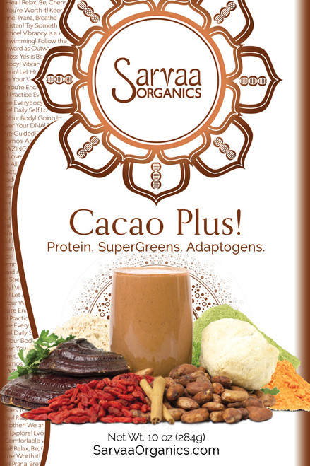 Cacao Plus! is a delicious meal replacement loaded with antioxidants, vitamins and nutrients. It contains a potent blend of raw cacao, plant based protein, our SupraGreens formula, adaptogens, and herbs. Supports healthy skin, hair and eyes, immune system. It detoxes and alkalizes blood pH! Speeds recovery after exercise, injury, illness, surgery, or a tough day. Sustained energy and stamina without the crash! Mood Enhancing! Cacao Plus! is a delicious meal replacement loaded with antioxidants, vitamins and nutrients. It contains a potent blend of raw cacao, plant based protein, our SupraGreens formula, adaptogens, and herbs. Supports healthy skin, hair and eyes, immune system. It detoxes and alkalizes blood pH! Speeds recovery after exercise, injury, illness, surgery, or a tough day. Sustained energy and stamina without the crash! Mood Enhancing!