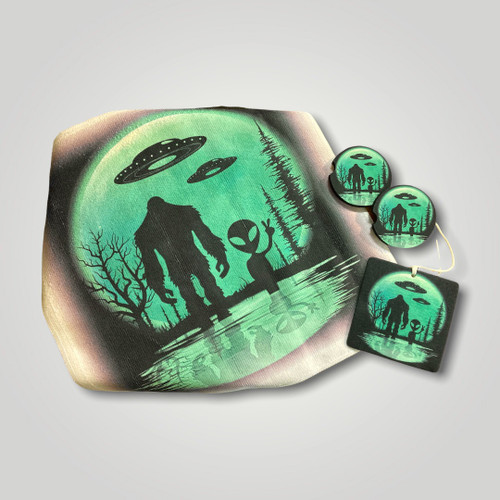 4pc Car accessories gift set. Green Space Alien, Bigfoot and UFOs under a full moon. Air Freshener, car coasters, towel.