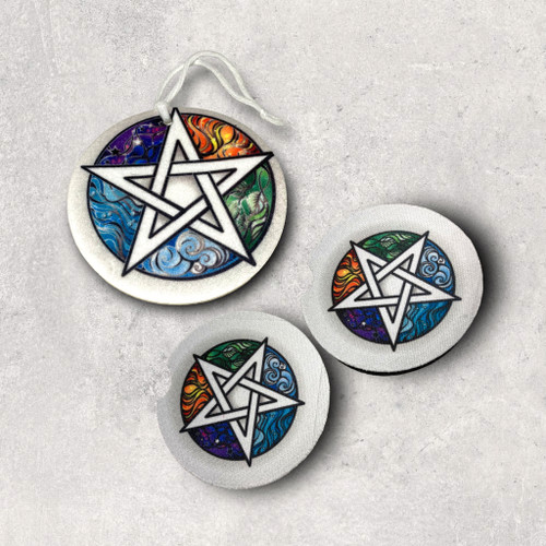 Celtic Knot Pentagram with Nature Earth Elements - Car Coasters, Air Freshener 3pc set - Witch, Wiccan Decor - Birthday gifr for Her