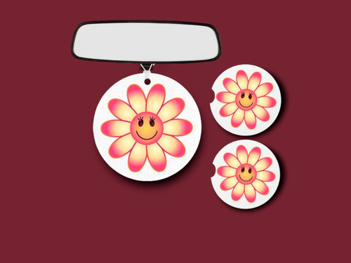Red Flower Power car accessories gift set - Retro Daisy Smiley Face Emoji - Vintage Hippie Sunflower - Whimsical Floral Decor for Her