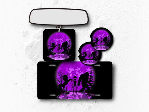 Purple Sasquatch Bigfoot, Alien, UFO Car Accessories - License Plate, Coasters, Freshener - Mythical Beasts - Cryptid Hunter - Gift for Her