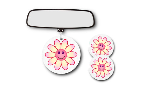 Pink Flower Power car accessories gift set - Retro Daisy Smiley Face Emoji - Vintage Hippie Sunflower - Whimsical Floral Decor for Her
