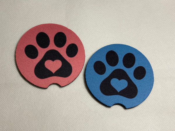 Pink and Blue Pet Paw car coasters with a Heart.