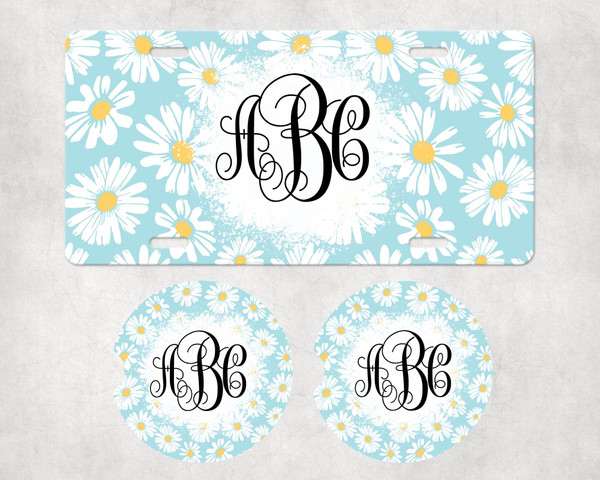 Classic White Daisies - Monogram Car Accessories - Coasters, license plate, air freshener - Personalized with your initials