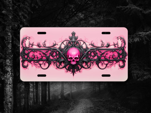 Pink Gothic Skull License Plate Car Tag - 5 sizes - Fall Halloween Party Decor - Bike Plate, Mini Sign for Office, She Shed - Witch, Wiccan