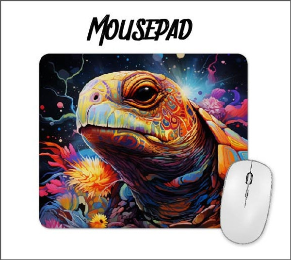 Psychedelic sea turtle fantasy artwork on a mousepad.