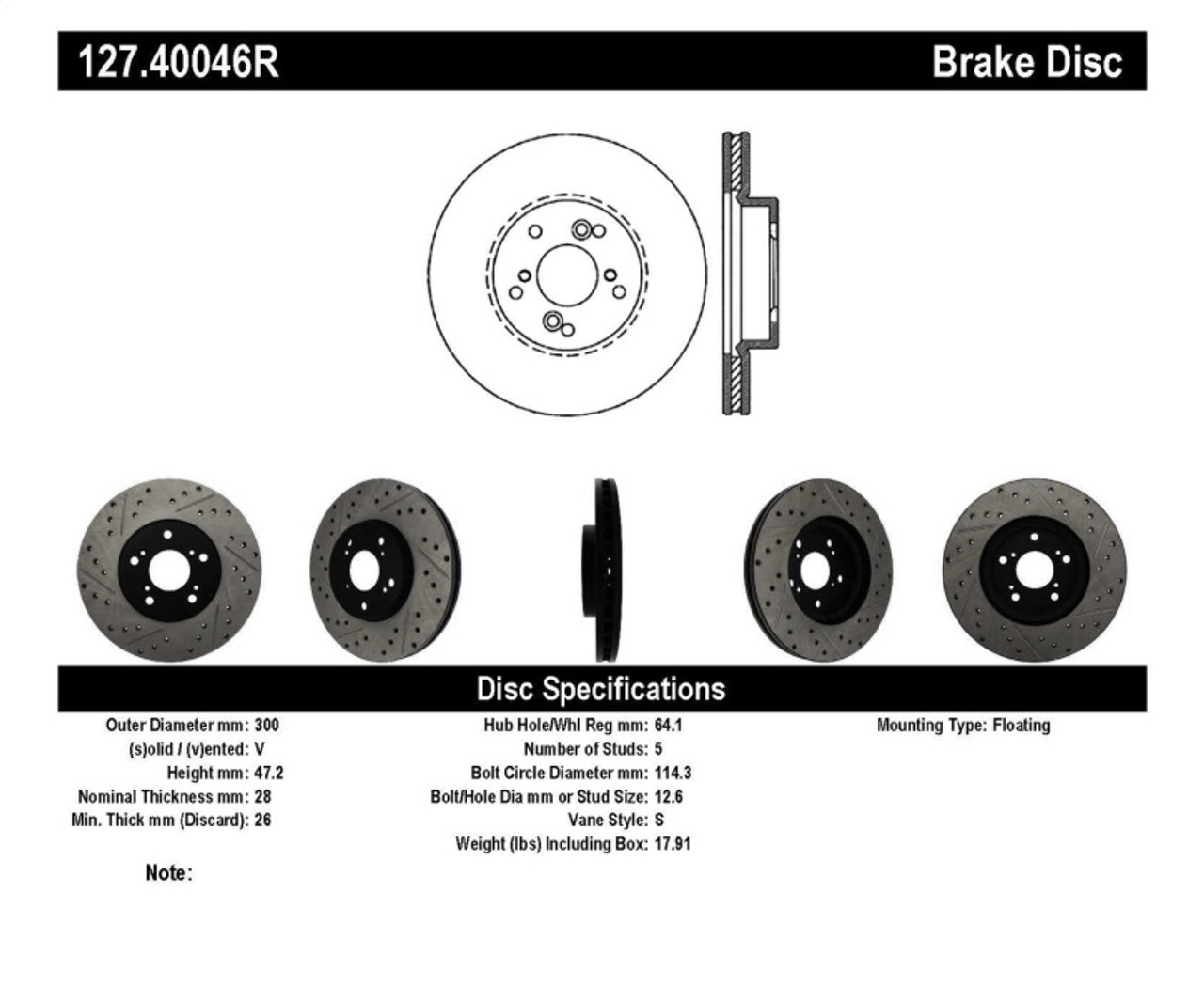 StopTech Nissan 370Z / 01-03 Acura CL / 06 EL / 04-09 TSX / 03-07 Honda Accord Coupe M/T / 05-08 Se sto127.40046R