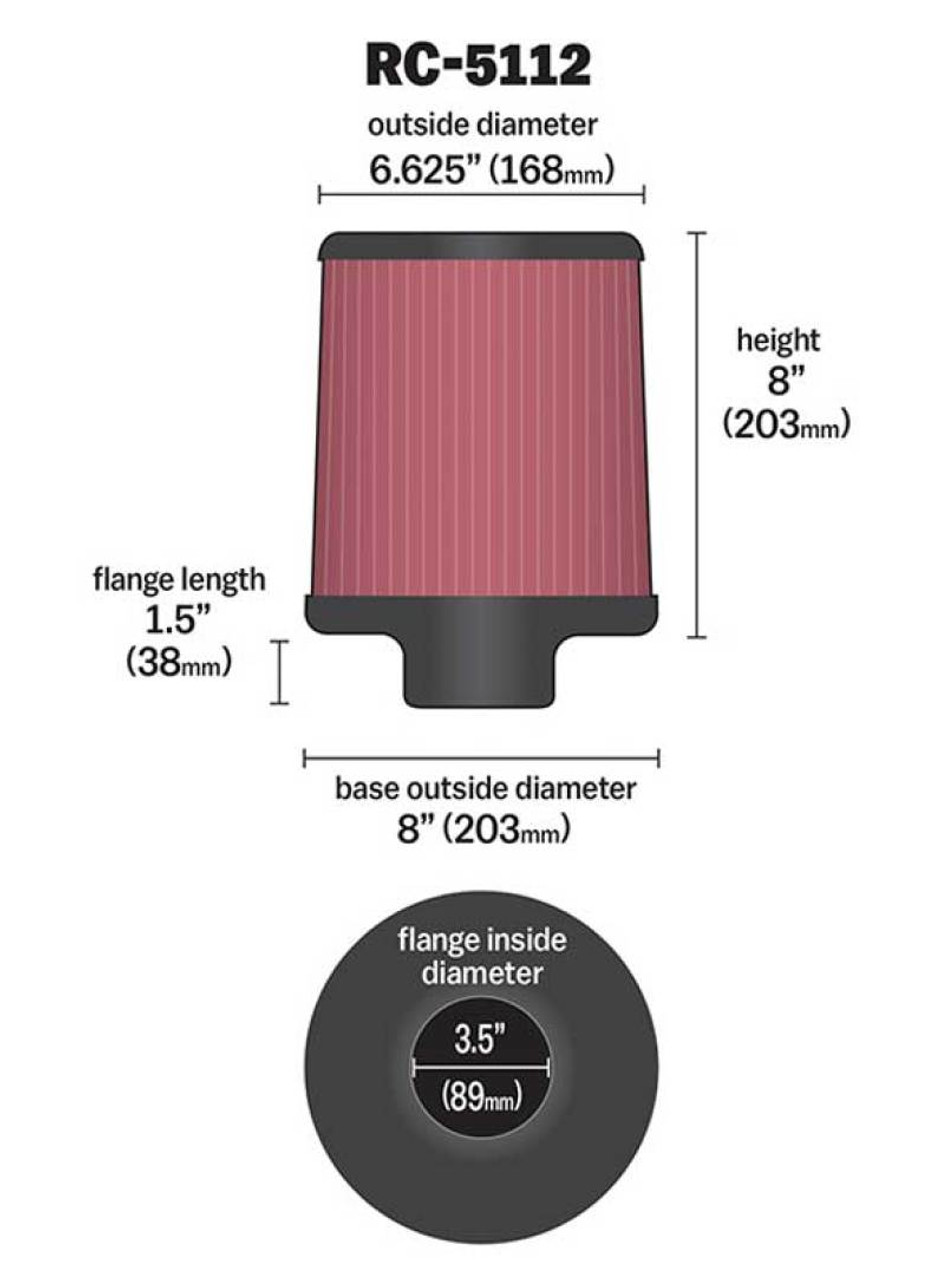K&N Filter Universal Rubber Filter 3.5in Flange 6.625in Top 8in Height Center Hole
