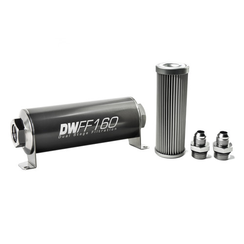DeatschWerks Stainless Steel 8AN 10 Micron Universal Inline Fuel Filter Housing Kit (160mm) dwk8-03-160-010K-8