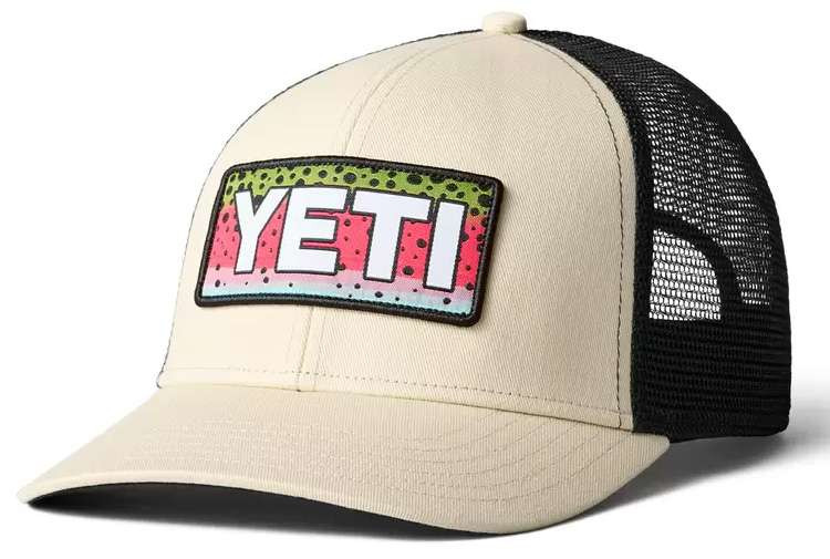 YETI Rainbow Trout Logo Badge Trucker Hat Cream TackleDirect