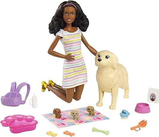 BARBIE DOLLAND PETS, BRUNETTE DOLL WITH MOMMY DOG, 3 NEWBORN PUPPIES WITH COLOR-CHANGE FEATUREAND PET ACCESSORIES