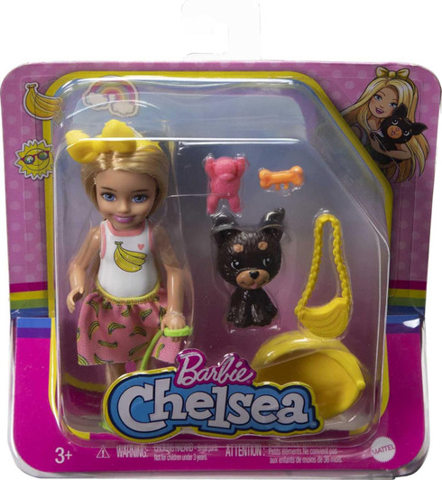 BARBIE CHELSEA  BLONDE WITH BANANA ACCESSORIES AND PUPPY W/ PET BED