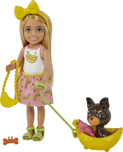 BARBIE CHELSEA  BLONDE WITH BANANA ACCESSORIES AND PUPPY W/ PET BED