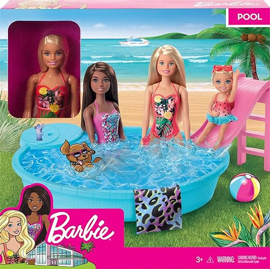 BARBIE DOLL AND POOL PLAYSET WITH SLIDE AND ACCESSORIES, BLONDE IN TROPICAL SWIMSUIT